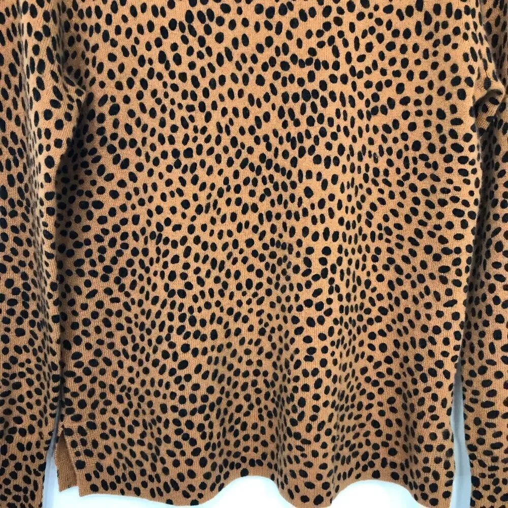 J. Crew LAYLA Camel Tan Black Dot Animal Print 100% Cashmere Crew Neck Sweater